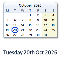 20 October 2026 calendar