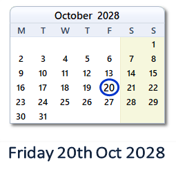 20 October 2028 calendar