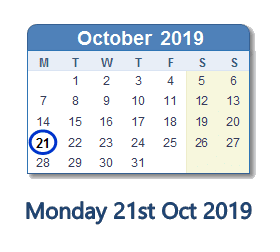 21 October 2019 calendar