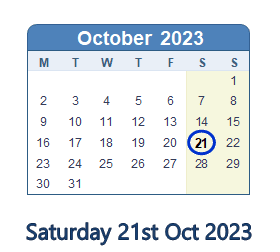 21 October 2023 calendar