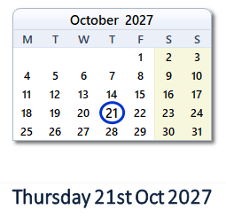 21 October 2027 calendar