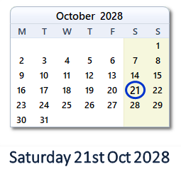 21 October 2028 calendar