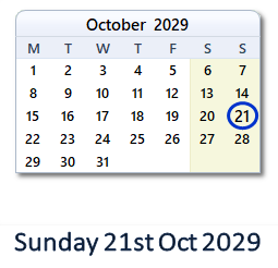 21 October 2029 calendar