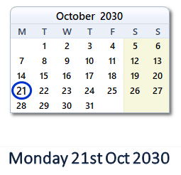 21 October 2030 calendar