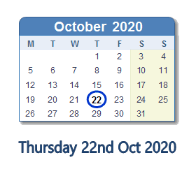 22 October 2020 calendar
