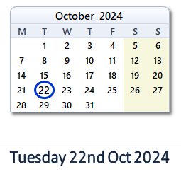 22 October 2024 calendar