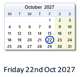 22 October 2027 calendar