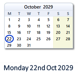 22 October 2029 calendar