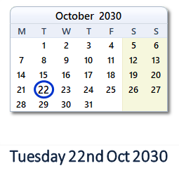 22 October 2030 calendar
