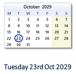 23 October 2029 calendar