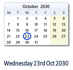 23 October 2030 calendar