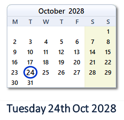 24 October 2028 calendar
