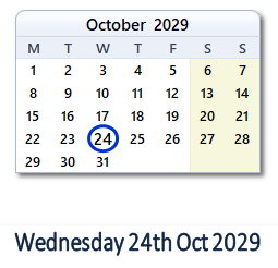 24 October 2029 calendar