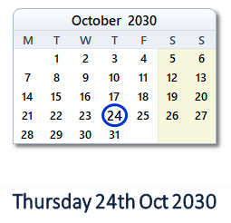 24 October 2030 calendar