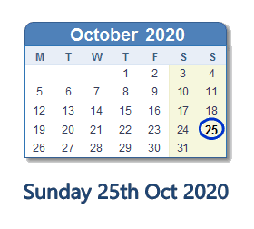 25 October 2020 calendar