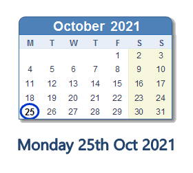 25 October 2021 calendar