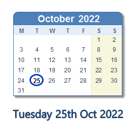 25 October 2022 calendar