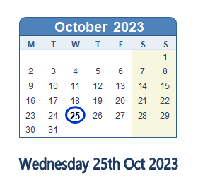 25 October 2023 calendar