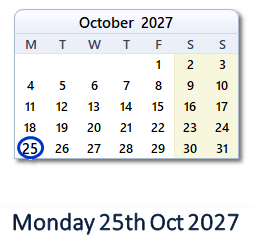 25 October 2027 calendar