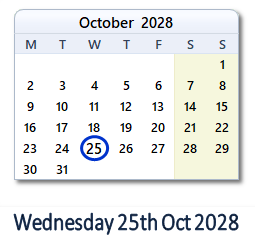 25 October 2028 calendar
