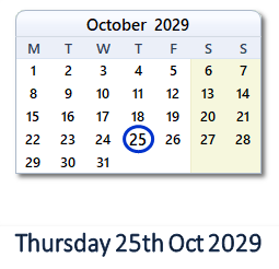 25 October 2029 calendar