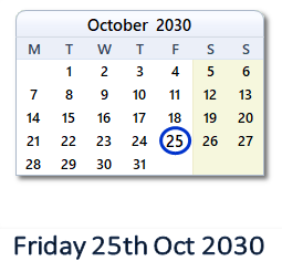 25 October 2030 calendar
