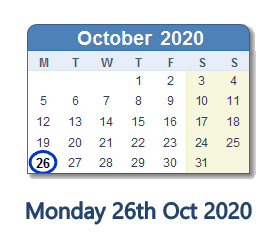 26 October 2020 calendar