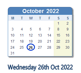 26 October 2022 calendar