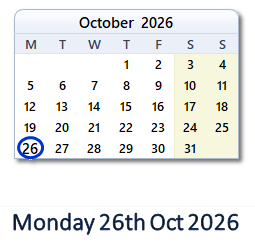 26 October 2026 calendar