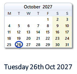 26 October 2027 calendar