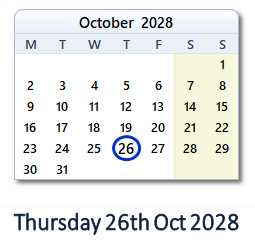 26 October 2028 calendar
