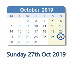 27 October 2019 calendar