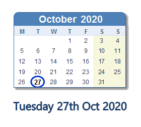 27 October 2020 calendar