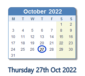 27 October 2022 calendar