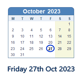 27 October 2023 calendar