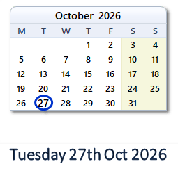 27 October 2026 calendar