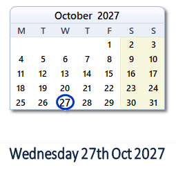 27 October 2027 calendar