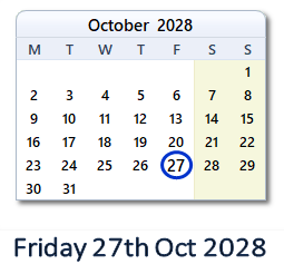 27 October 2028 calendar