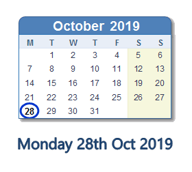 28 October 2019 calendar