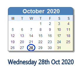 28 October 2020 calendar