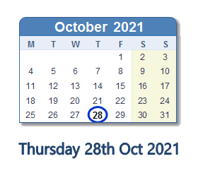 28 October 2021 calendar