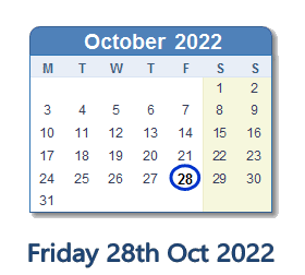 28 October 2022 calendar