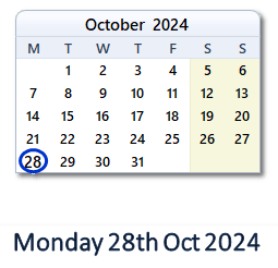 28 October 2024 calendar