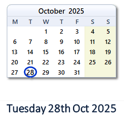 28 October 2025 calendar