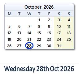 28 October 2026 calendar