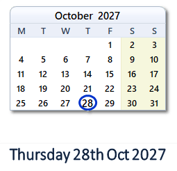 28 October 2027 calendar