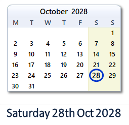 28 October 2028 calendar