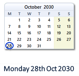 28 October 2030 calendar