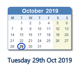 29 October 2019 calendar