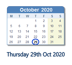 29 October 2020 calendar